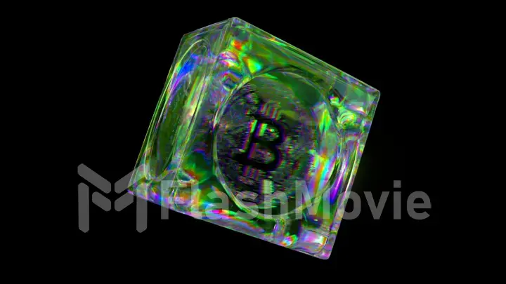 Cryptocurrency concept. Bitcoin inside a transparent glass cube. Black isolated background. Rainbow.