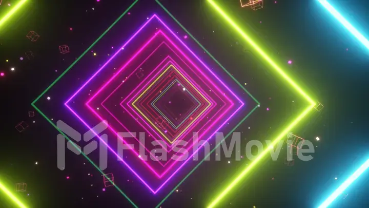 An endless tunnel of luminous multicolored neon squares for music videos, night clubs, LED screens, projection show, video mapping, audiovisual performance, fashion events. 3d illustration