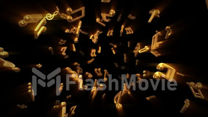 Abstract flow of golden musical notes flying into the camera 3d illustration