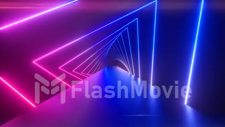 Glowing rotating neon triangles creating a tunnel, blue purple pink violet spectrum, fluorescent ultraviolet light, modern colorful lighting, 3d illustration