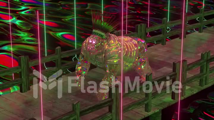 Running diamond gorilla. Rainbow jacket and mohawk. Wooden pier. Dark water surface. 3d animation of seamless loop