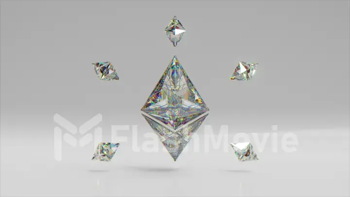 A large diamond Ethereum surrounded by small Ethereums. Logo. Cryptocurrency. 3d Illustration