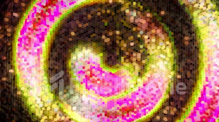 Abstract swirl of neon pixels moves counterclockwise. Pink yellow color. 3d animation of seamless loop