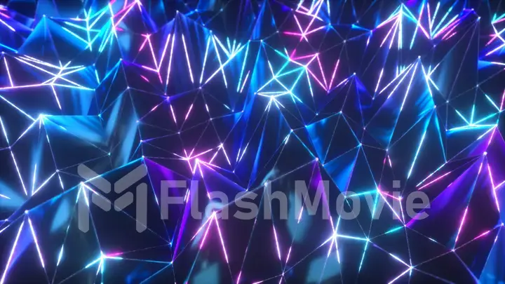 Abstract low polygonal black surface glowing at the edges. 3d illustration technology motion background. Segments of a triangle. Ultraviolet neon wireframe lines in blue violet color spectrum.