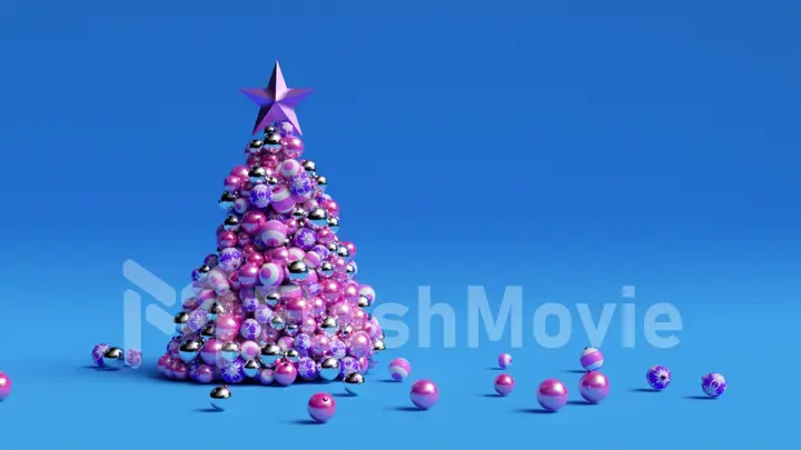 A tree of Christmas balls is growing dynamically on a bright colorful blue background. 3d illustration