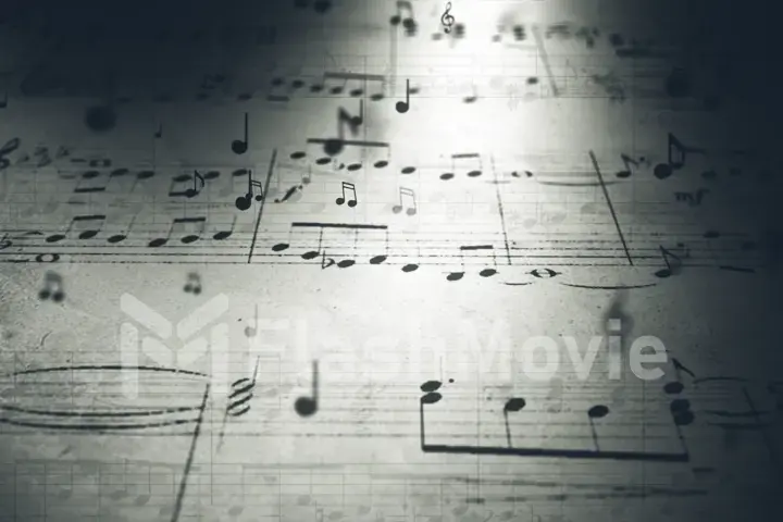 Atmospheric music background with notes on old paper in black and white 3d illustration
