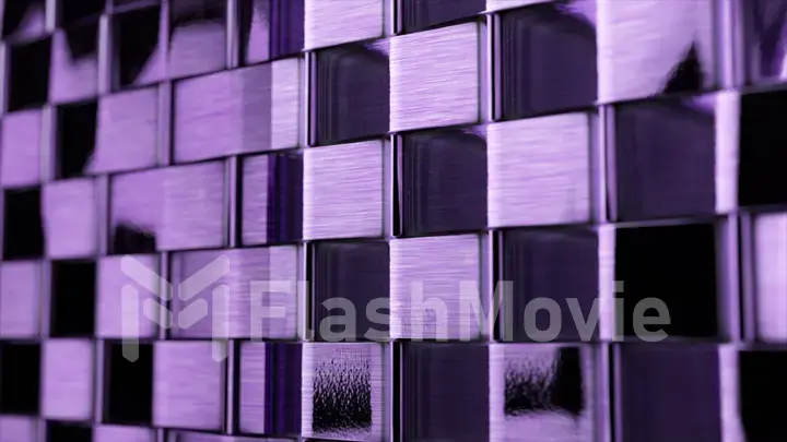 Abstract concept. A wall of many moving metallic purple block cubes. Shadow on the wall. The lighting is changing.