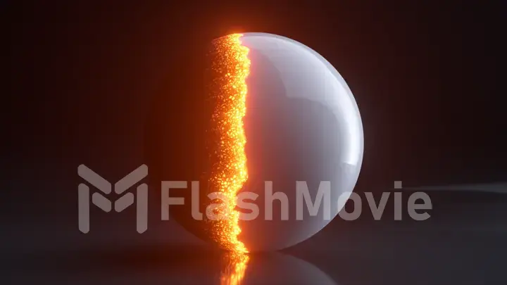 The white glossy shell of the sphere burns out and a black sphere appears. Orange and yellow particles. Dark background