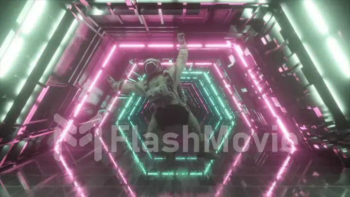 Astronaut falling in the corridor of a spaceship. Sci-Fi futuristic space tunnel VJ for titles and background. Neon light. 3d illustration