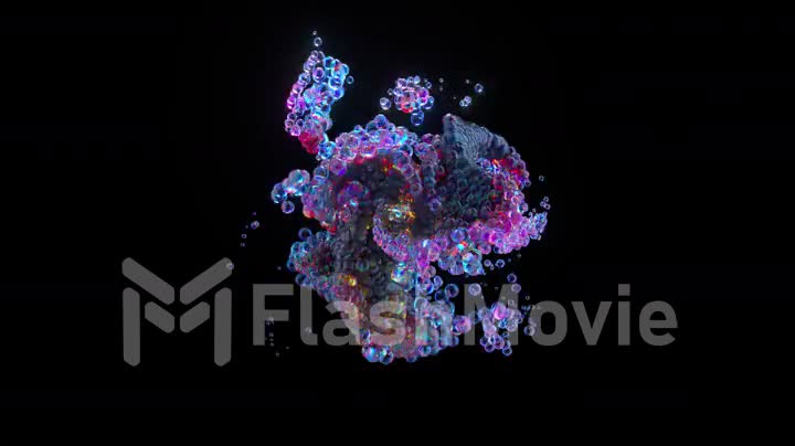 Many bubbles move randomly taking abstract shapes. Blue purple color. Black background. 3d animation of a seamless loop