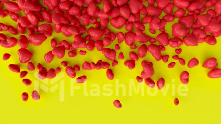 Many red hearts falling into the pile of hearts on pink background. 3D render heart.