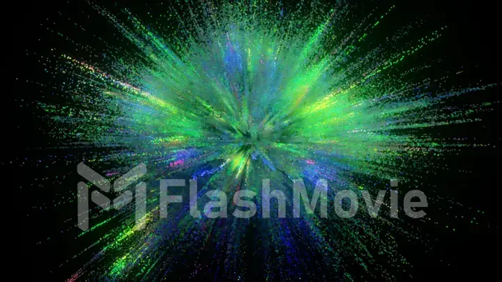 An explosion of colors on a dark background. Blue green color. Multicolored particles. 3d illustration