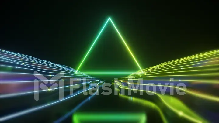 Abstract neon triangle tunnel technological. Animated background with a wave stepped surface. Modern neon light. Bright neon lines sparkle and move forward. 3d illustration