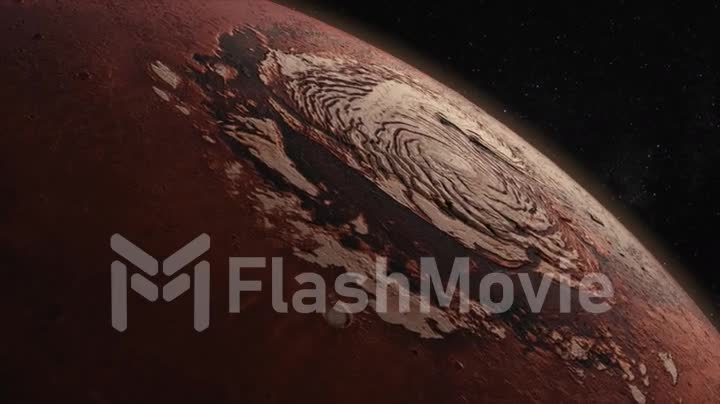 Cosmos concept. Flight over Mars. Top view of the planet's surface. 3d animation