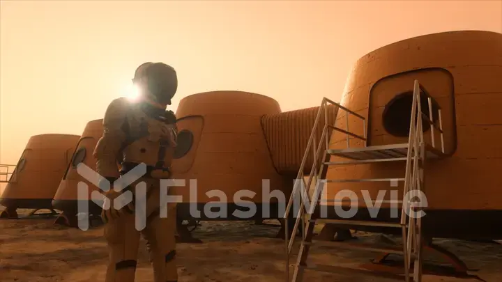 Astronaut on the planet Mars, making a detour around his base. Astronaut walking along the base. Small dust storm. The satellite dish sends data to the ground. Realistic 3D illustration