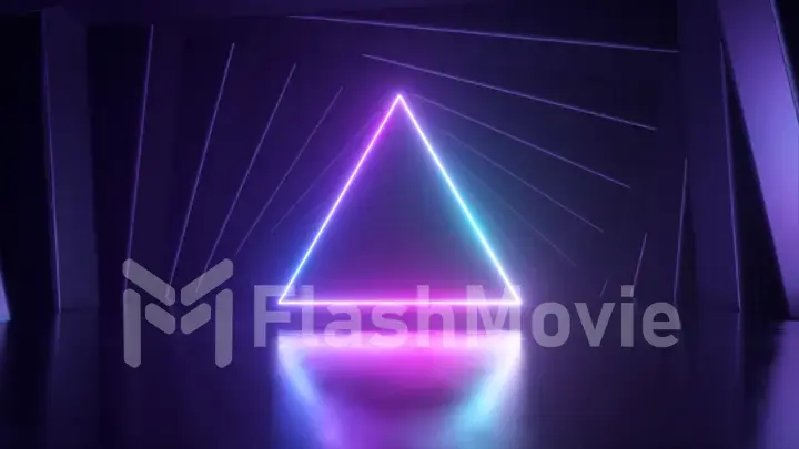 The entrance to the tunnel is in the form of a neon triangle. Square frames rotate. Futuristic background.