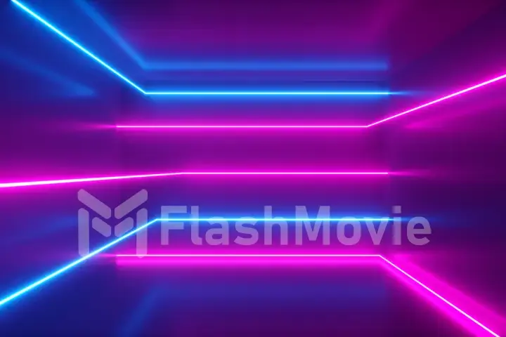 Abstract background, moving neon rays, luminous lines inside the room, fluorescent ultraviolet light, blue red pink violet spectrum, 3d illustration