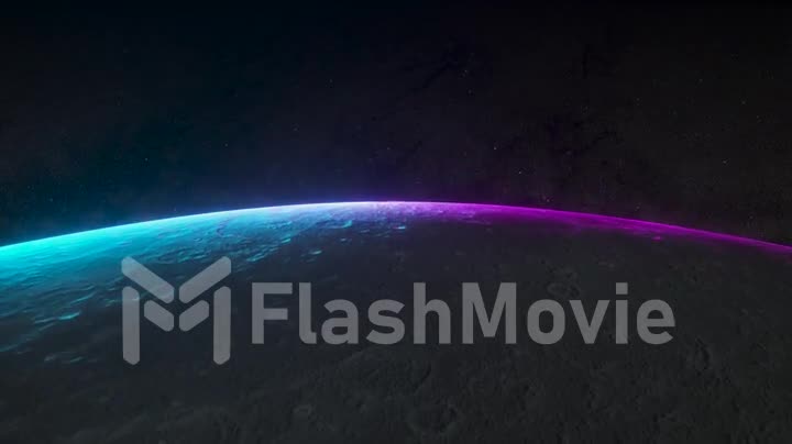 Fantastic neon sunrise on the moon from space. The rotation of the moon. Modern ultraviolet lighting. Blue purple light spectrum. Stars and space. 3d animation