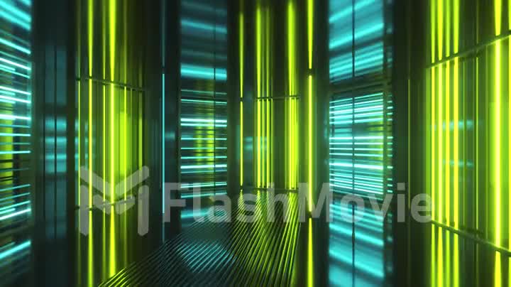 Bright neon lights in a metal room. Modern fluorescent light. Green yellow neon spectrum. 3d animation