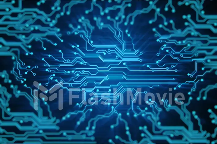 Blue lines drawn by bright spots eventually create an abstract image of a circuit board. It may represent electronic connections, communication, futuristic technology. 3d illustration