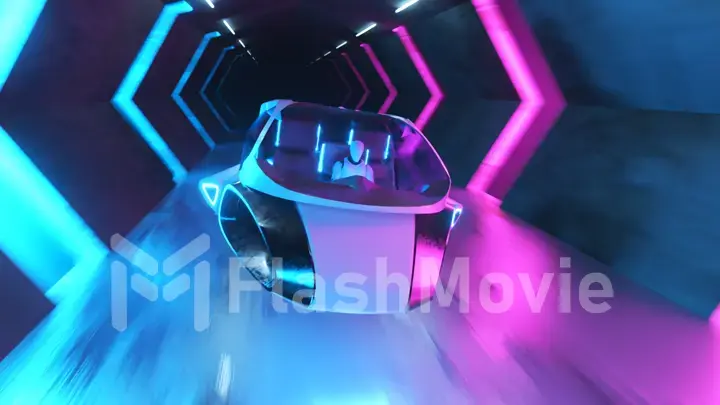 Flying a robot behind the wheel of a futuristic car in a long tunnel with neon ultraviolet lighting. Artificial intelligence and future concept. 3d illustration