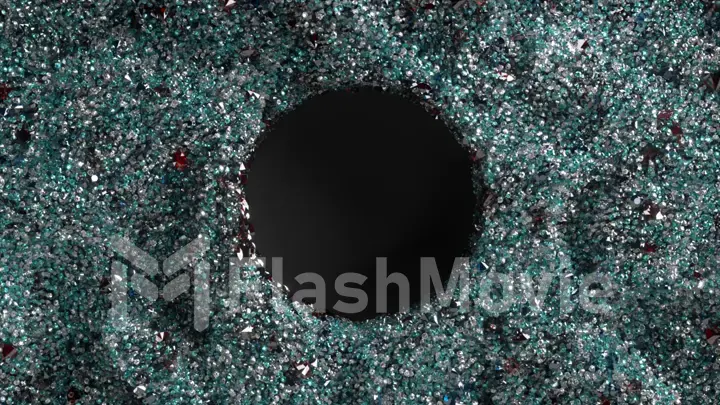 Abstract concept. Black hole surrounded by small gray particles. Slow motion. Dark matter. Space. 3d illustration.