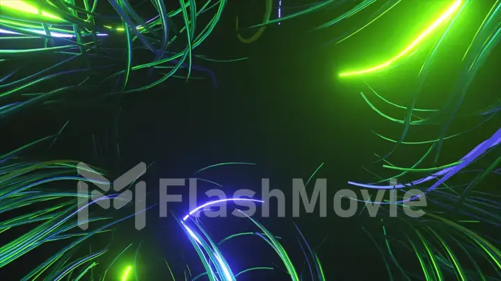 Technology and data transfer concept. Moving neon wires on a black background. Blue green color. 3d illustration