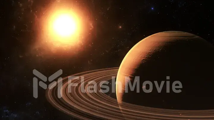 The sun shines on Saturn in space high quality 3d illustration.