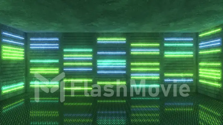 Neon background. Green and blue neon background appears and disappears. Bright vibrant neon background. Technological space. Room. 3d illustration