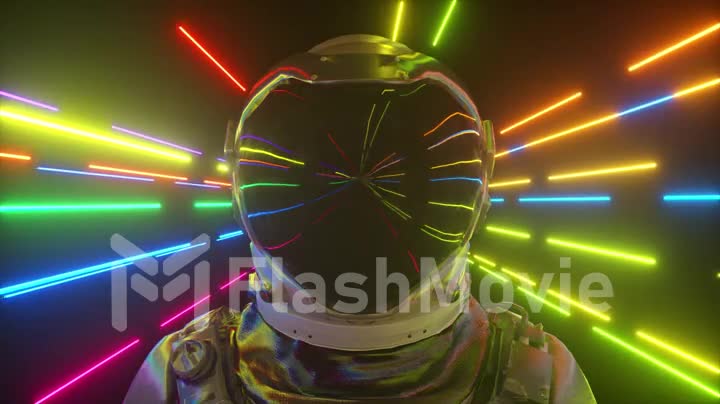Astronaut in neon space close-up. Bright rays of neon fly by. 3d animation of a seamless loop.