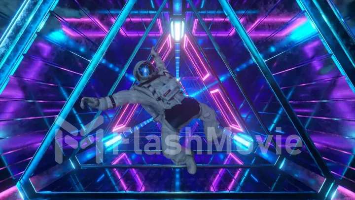 Astronaut falling in the corridor of a spaceship. Sci-Fi futuristic space tunnel VJ for titles and background. Neon light. 3d illustration