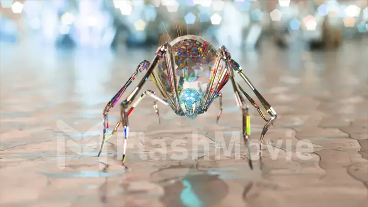 A diamond spider walks on a glass mirror surface. Abstract glowing background. Blue neon color.