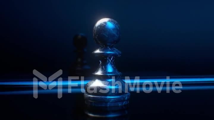 Game concept. The chess pawn crumbles into glowing particles. Blue neon light. 3D animation of a seamless loop.