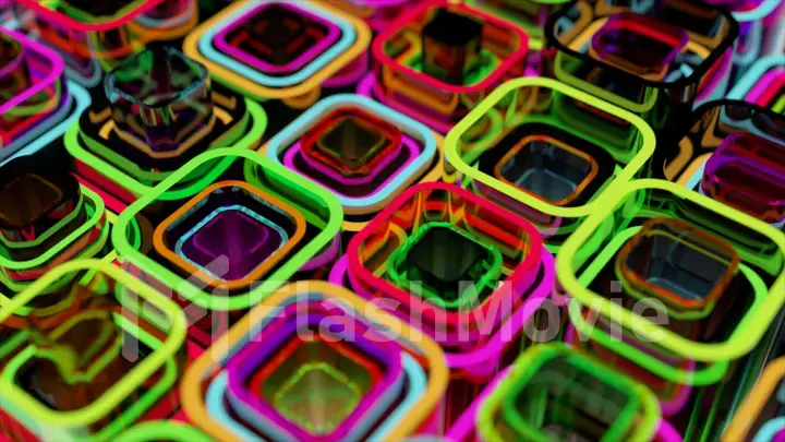 Rounding neon pipes of different heights are stacked into each other. Pink green color. 3d illustration