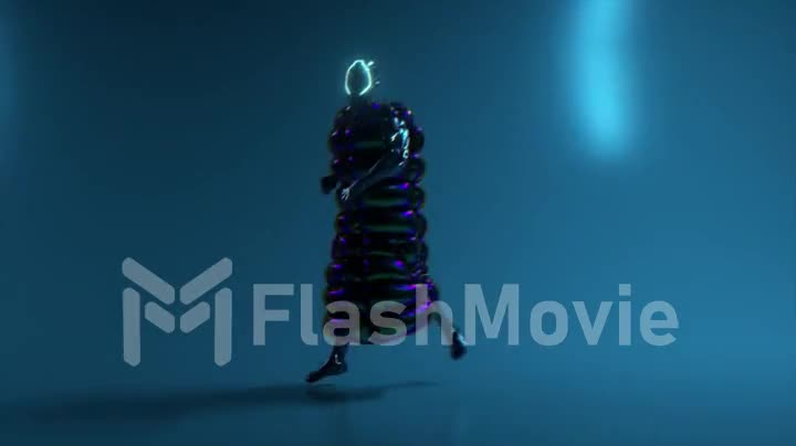 Cyberpunk guy dancing on a disco background. Neon. Flashing light. Jacket. Helmet. 3d animation of seamless loop