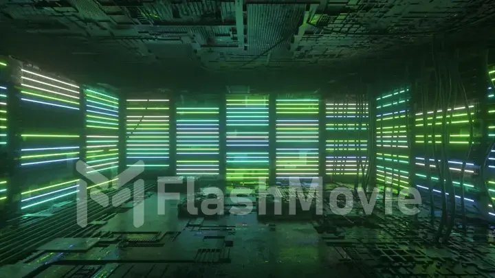 Neon background. Green and blue neon background appears and disappears. Bright vibrant neon background. Technological space. Room. 3d illustration