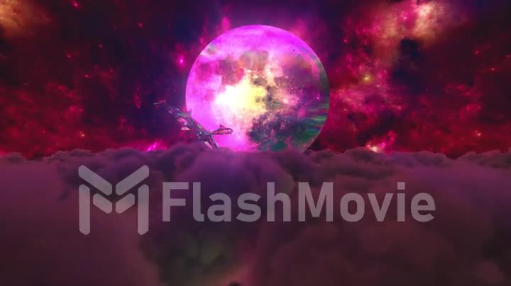 Diamond dolphins jump out of the clouds against the backdrop of the moon. Red color. 3d animation of seamless loop