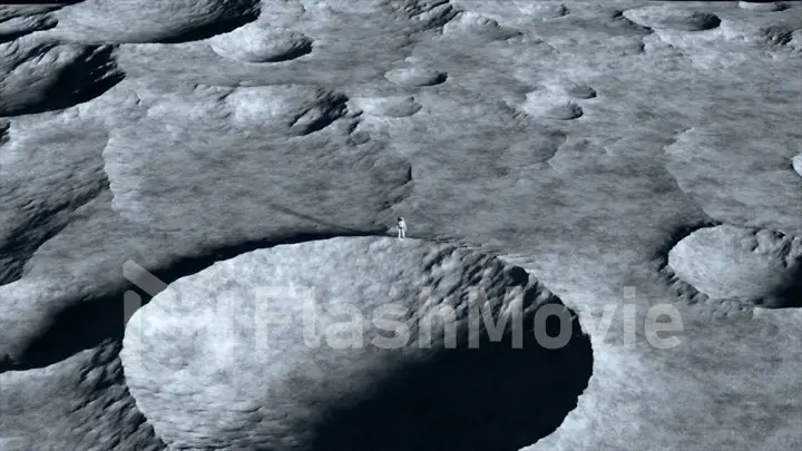 An astronaut stands on the surface of the moon among craters against the backdrop of the planet earth. Outer space. Ultra realistic 3d illustration