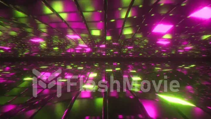 Abstract flying in endless space of neon and metal cubes. Modern yellow purple color spectrum of light. 3d illustration