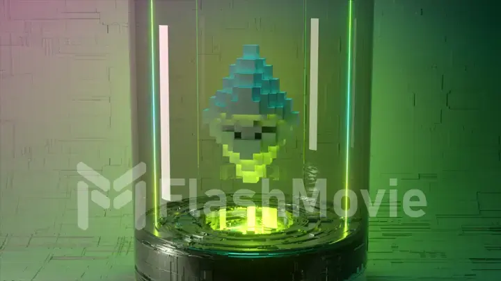 Pixel animation of Ethereum coin symbol logo in glass capsule neon lighting. Ethereum Coin 3d illustration