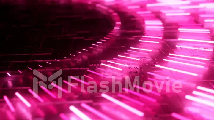 Glowing semicircle on a black background. Pink neon color. 3d illustration