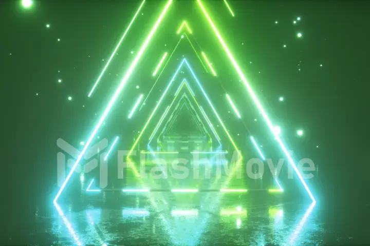 Flying through glowing neon triangles with metal floor creating a tunnel with fog, blue green spectrum, fluorescent ultraviolet light, modern vj colorful lighting, 3d illustration