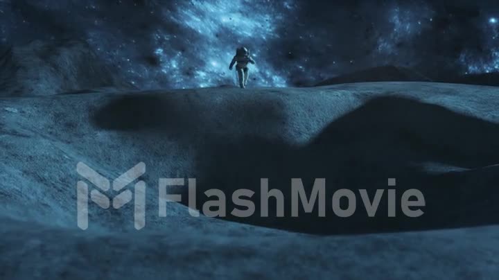 An astronaut runs across the moon and almost falls into a lunar crater, a space concept. 3d animation
