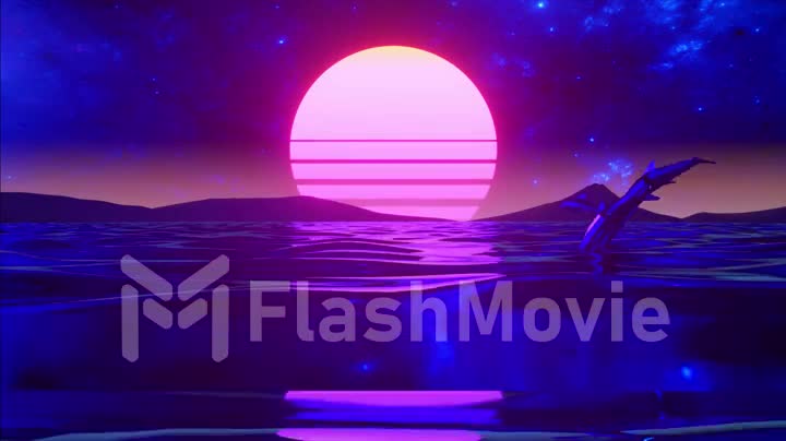 Retro 80s style. Fly endlessly over the digital ocean. Dolphins are jumping over the water. Colorful retro sunset. Seamless loop 3d animation