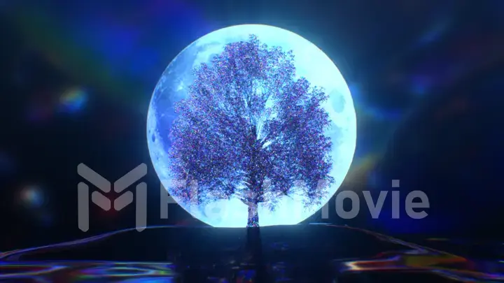 Diamond tree on the background of the moon. Blue neon color. 3d Illustration