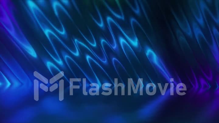 Abstract 3d render holographic oil surface background, foil wavy surface, wave and ripples, ultraviolet modern light, neon blue spectrum colors.