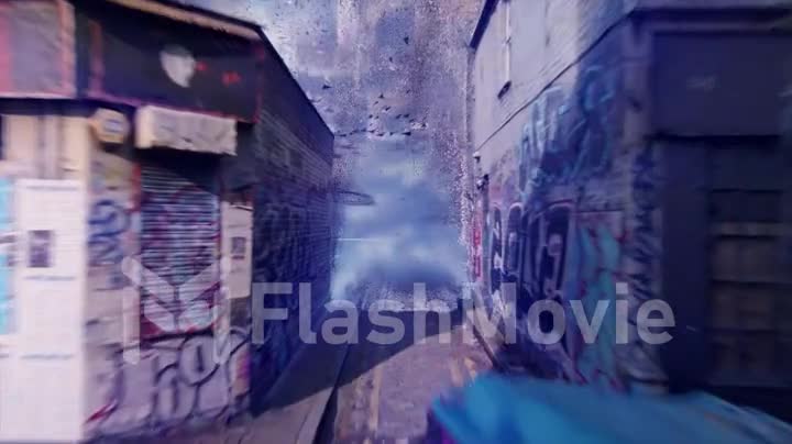 Houses, road, walls with graffiti are created from dust. Blue neon light. Magic, illusion, video game. 3d animation