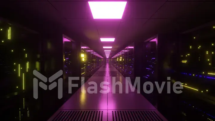 Digital data transmission to data servers behind glass panels in a data center server room. High speed digital lines. 3d illustration