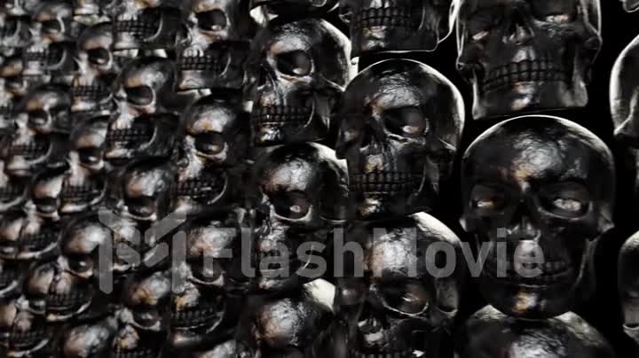 Wall of textured skulls. Horrible halloween concept. Seamless loop 3d render