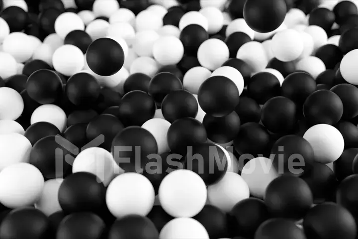 Black white 3D illustration from a pile of abstract spheres and balls rolling and falling from top to bottom.